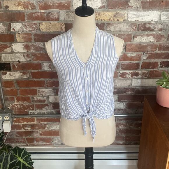 one clothing Tops - One Clothing White and Blue Stipe Tie Button V Neck Top Size XS